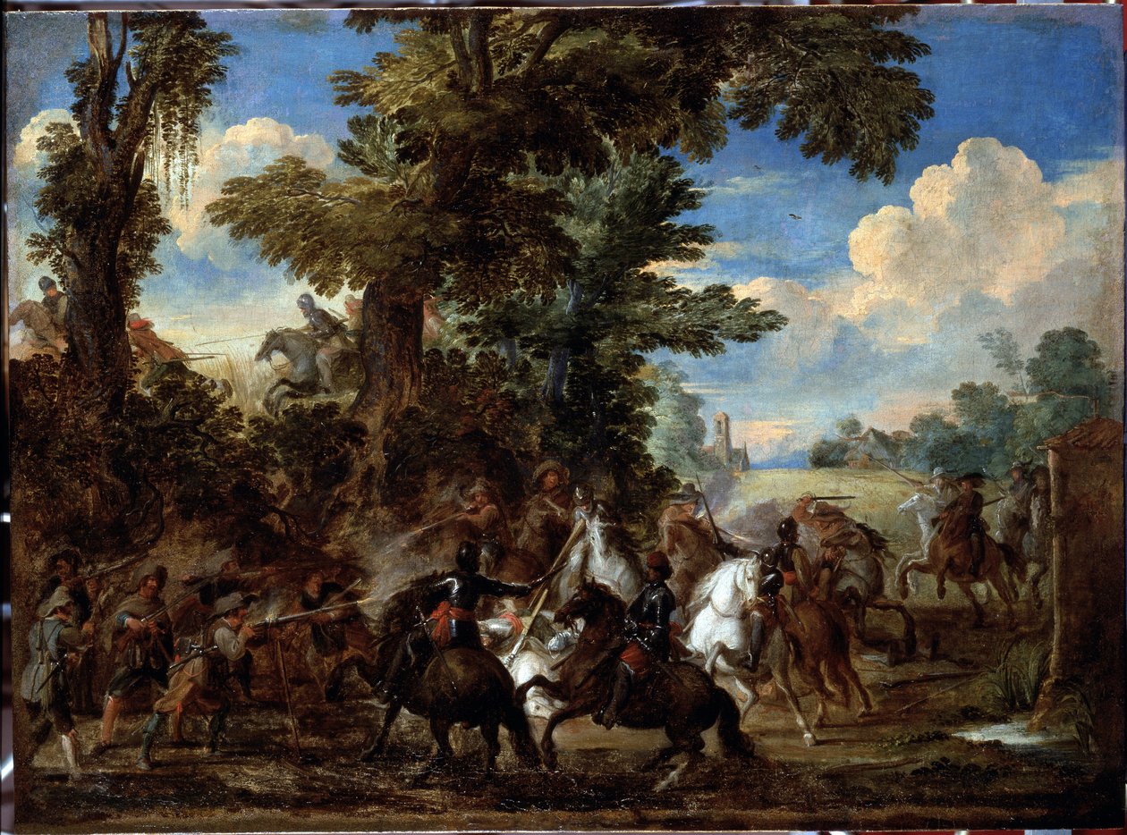 Kampscene (Slagscene) Maleri af Cornelis De Wael (1592-1667) (ec flam) Dim 75x100 cm Genes, Musei di Strada Nuova (ex Palazzo Bianco) af Cornelis de Wael