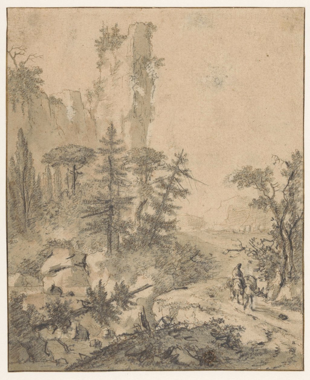 Bjergvej med mand med to muldyr af Cornelis de Wael