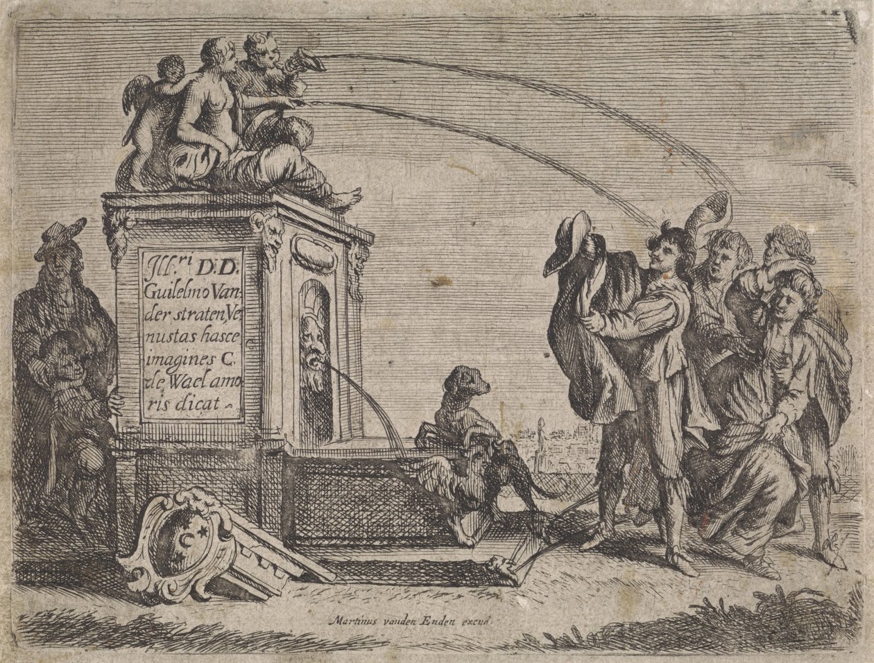 Gruppe mennesker ved springvand Genrescener (serietitel) af Cornelis de Wael