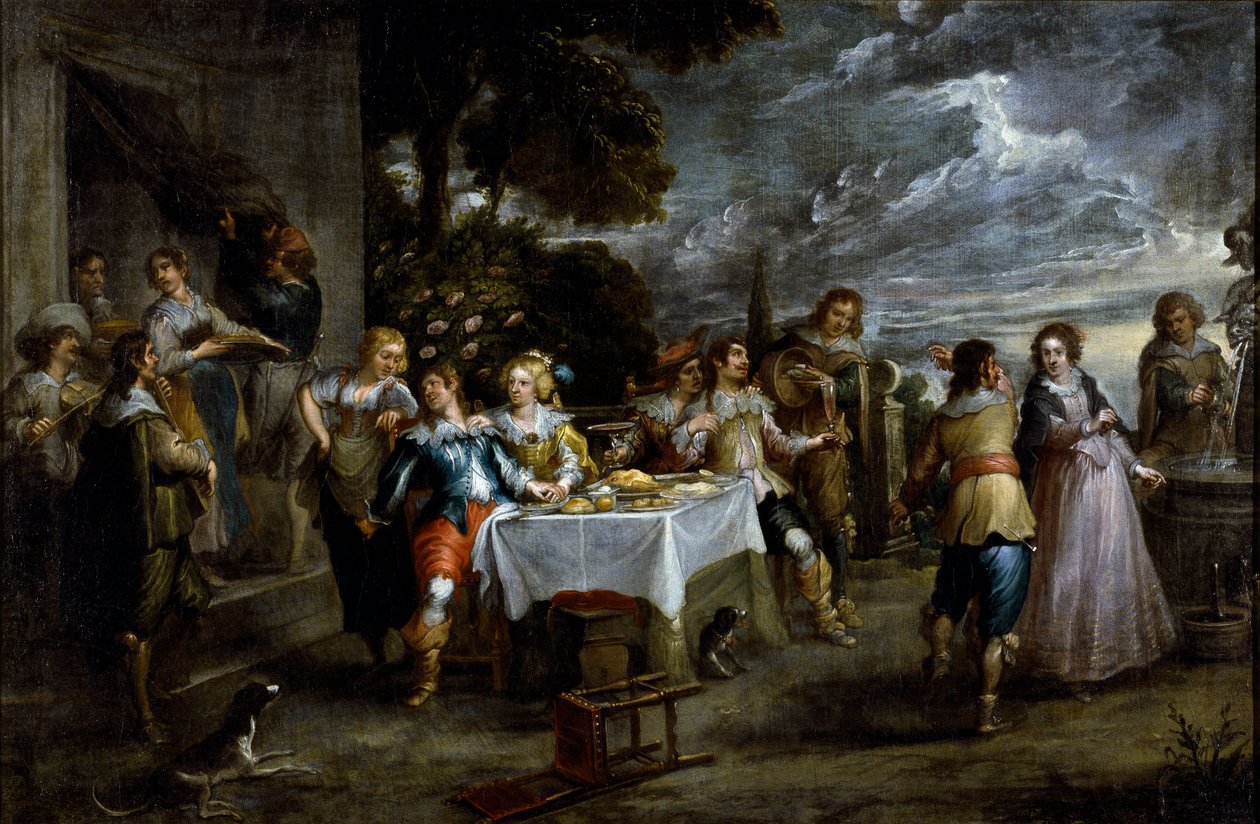 Historien om den fortabte søn: dissipation. Maleri af Cornelis De Wael (1592-1667), omkring 1630-1639. flamsk kunst. Olie på lærred. Mål: 57x86 cm. Gener, Privee Collection. af Cornelis de Wael