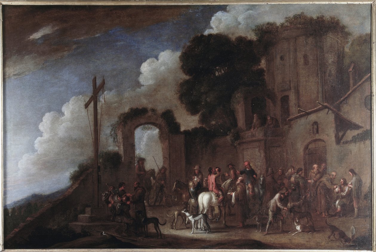 De syv værker om kropslig barmhjertighed (barmhjertighedsværker): giv en drink til de tørstige (To give drink to the thirsty) (ec flam) efter 1625 af Cornelis de Wael