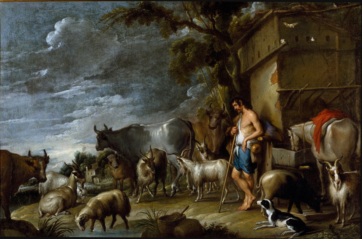 Maleri af Cornelis De Wael (1592-1667), omkring 1630-1639. flamsk kunst. Historien om den fortabte søn: grisenes vagt. Besætningsholder med gris, belier, ged, ko, ged, hest, hund og får. Olie på lærred. Mål: 57x86 cm. Privat samling, Genes af Cornelis de Wael