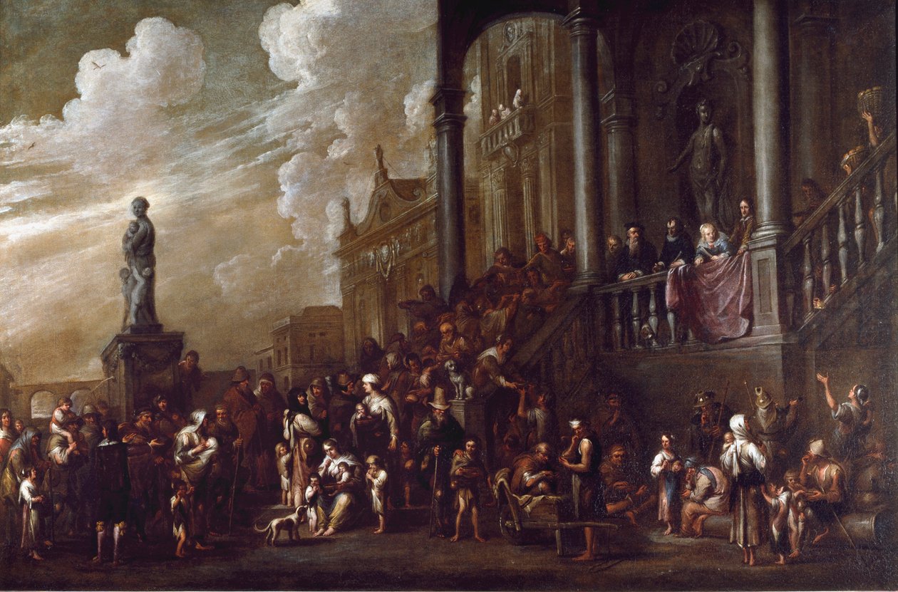 De syv værker af kropslig misericorde: "" give mad til de sultne"" Maleri af Cornelis De Wael (1592-1667) (ec.flam) Gener, samling Banco di Chiavari af Cornelis de Wael