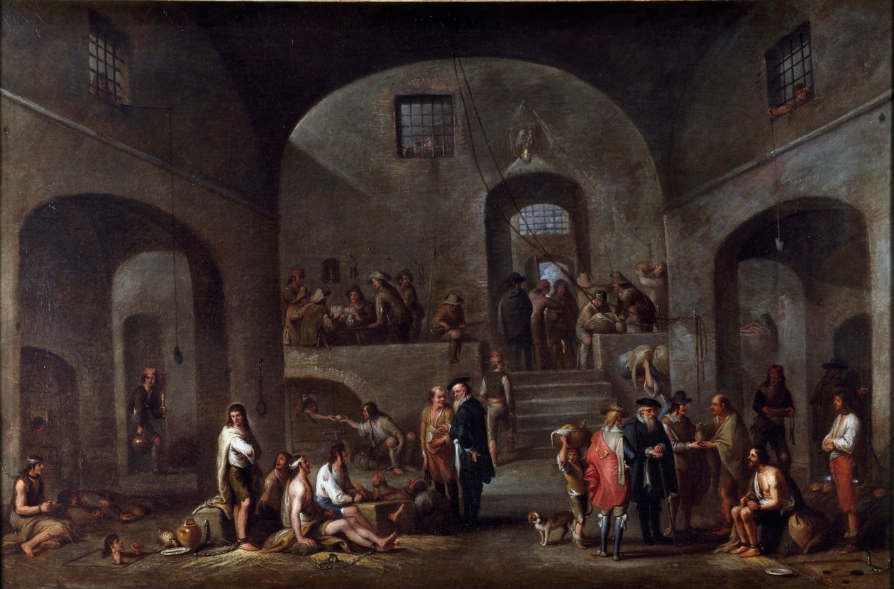 De syv værker af korporal misericorde: "" fangernes besøg"" Maleri af Cornelis De Wael (1592-1667) (ec.flam) Gener, samling Banco di Chiavari af Cornelis de Wael