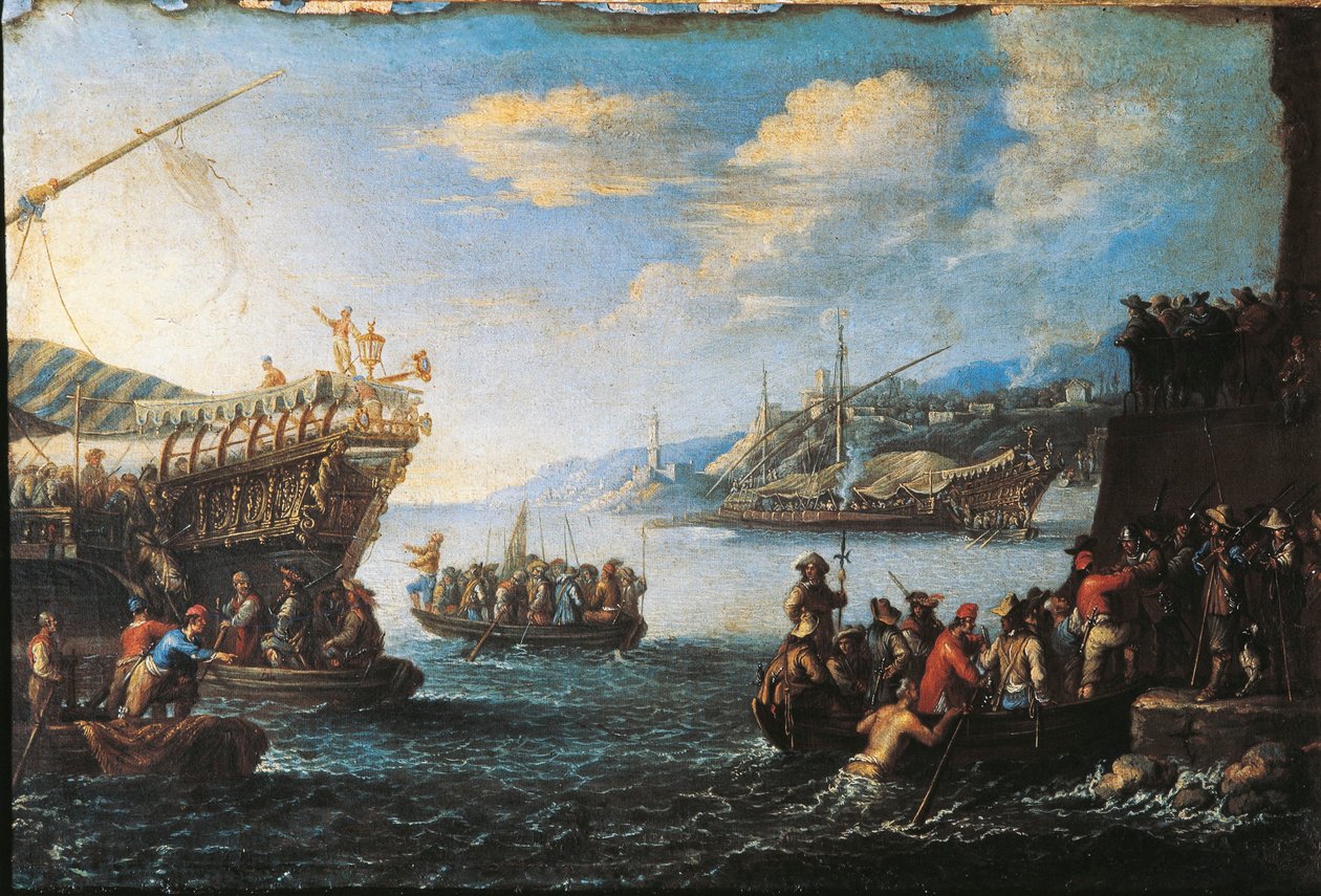 Tropper går om bord på galejen i Genovas havn af Cornelis de Wael