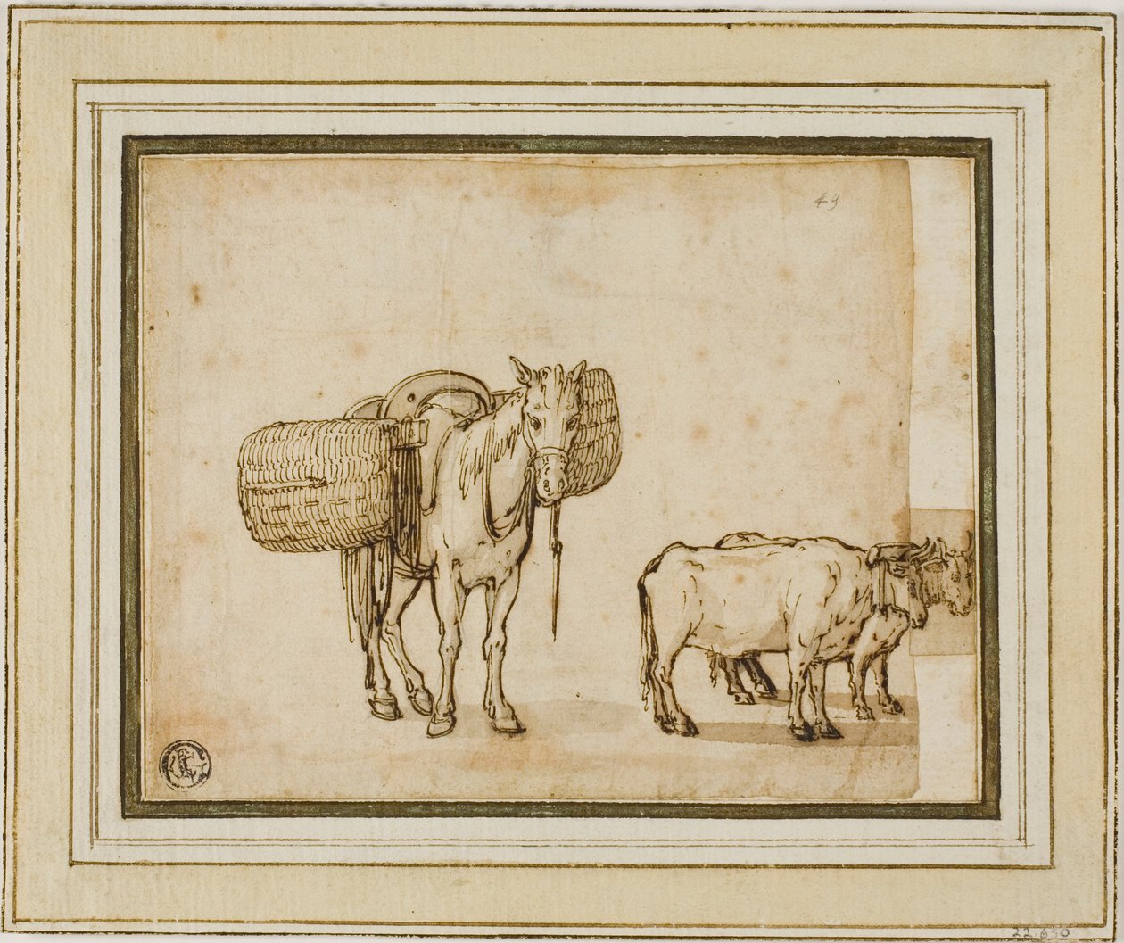 To skitser: Muldyr, der bærer kurve, par okse på åg af Cornelis de Wael