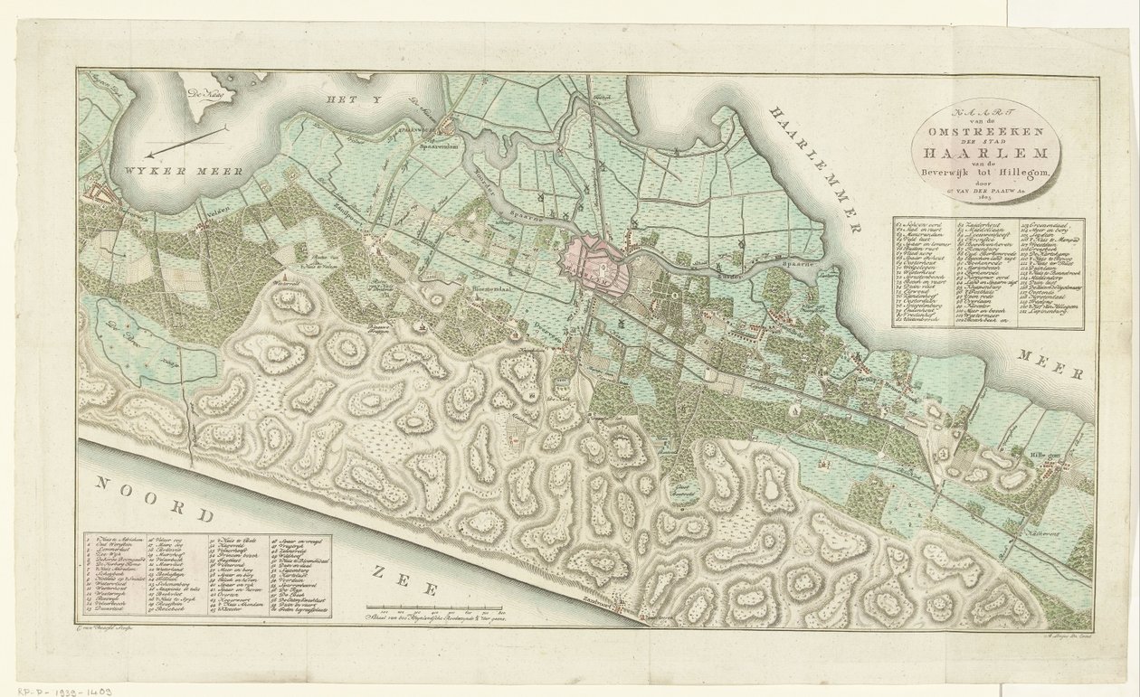 Kort over Haarlem og omegn Kort over omgivelserne i byen Haarlem fra Beverwijk til Hillegom (titel på objekt) af Cornelis van Baarsel