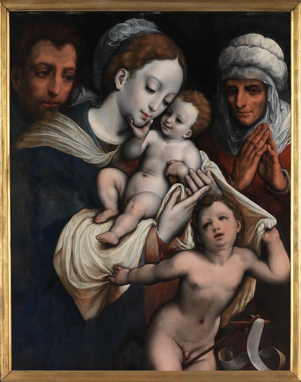 Hellig Familie med Elisabeth og Johannes Døberen (olie på panel) af Cornelis van Cleve