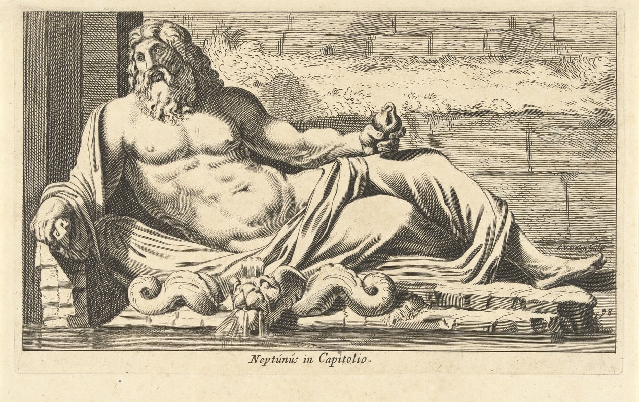 Statue af Neptun ved springvandet på Capitol i Rom Neptun i Capitolio (titel på objekt) Eigenlyke billeder af hundrede af de mest berømte statuer eller antikke statuer, stående i Rom (serietitel) af Cornelis van Dalen (I)