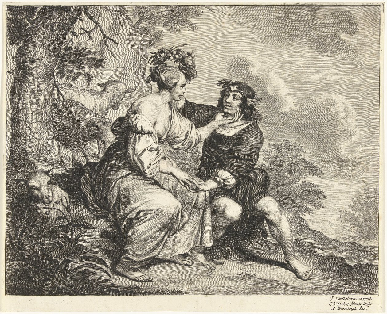 Hyrde og hyrdinde i landskab af Cornelis van Dalen (II)