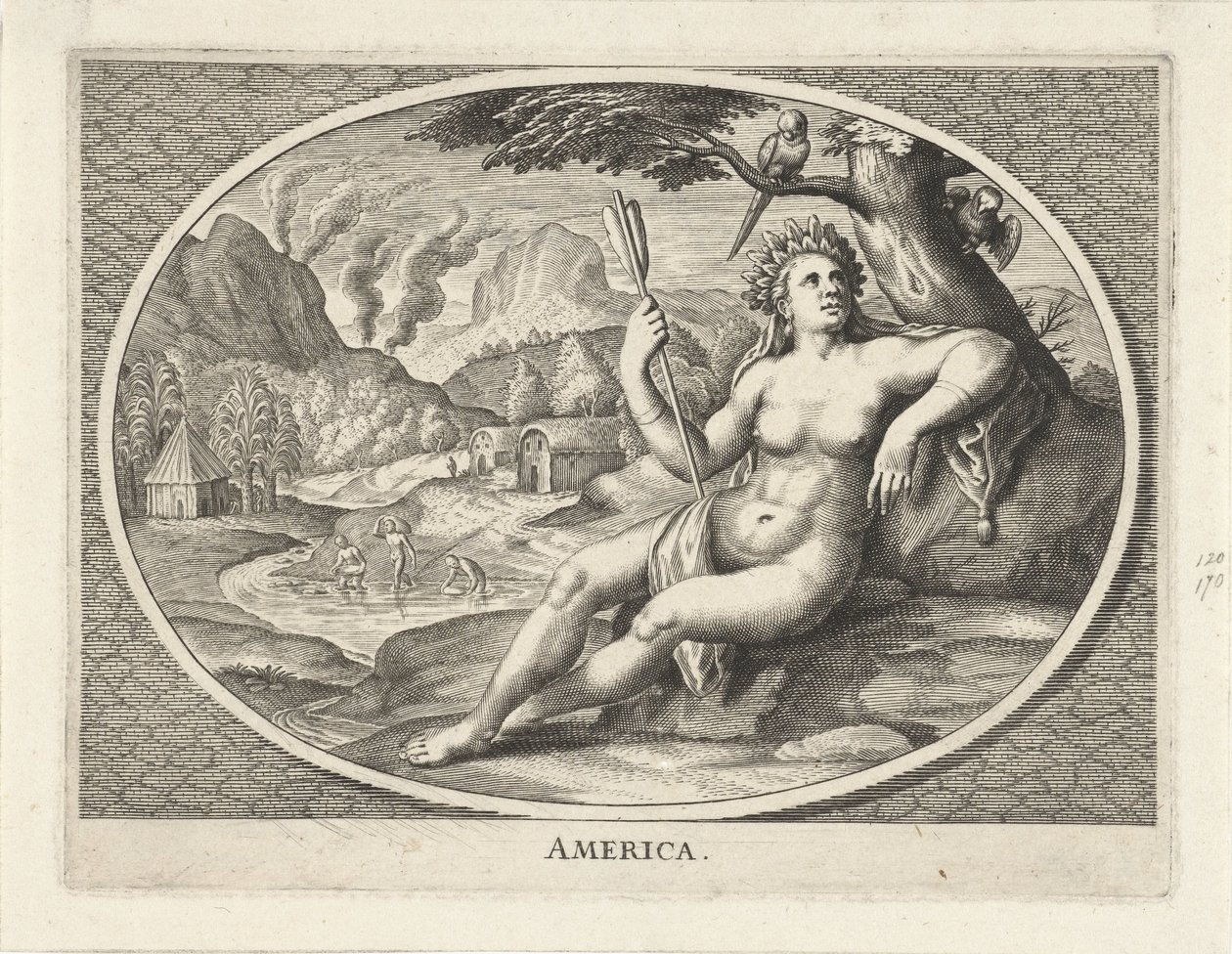 Kvindelig personificering af det amerikanske kontinent som en kvinde med en fjerhovedbeklædning og en pil i et landskab Amerika (titel på objekt) af Cornelis van Dalen (II)