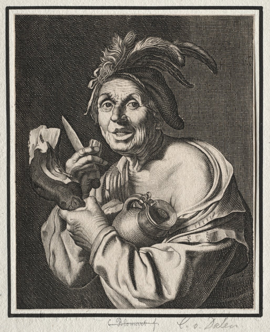 En mand med en skinke, bare skåret af Cornelis van Dalen