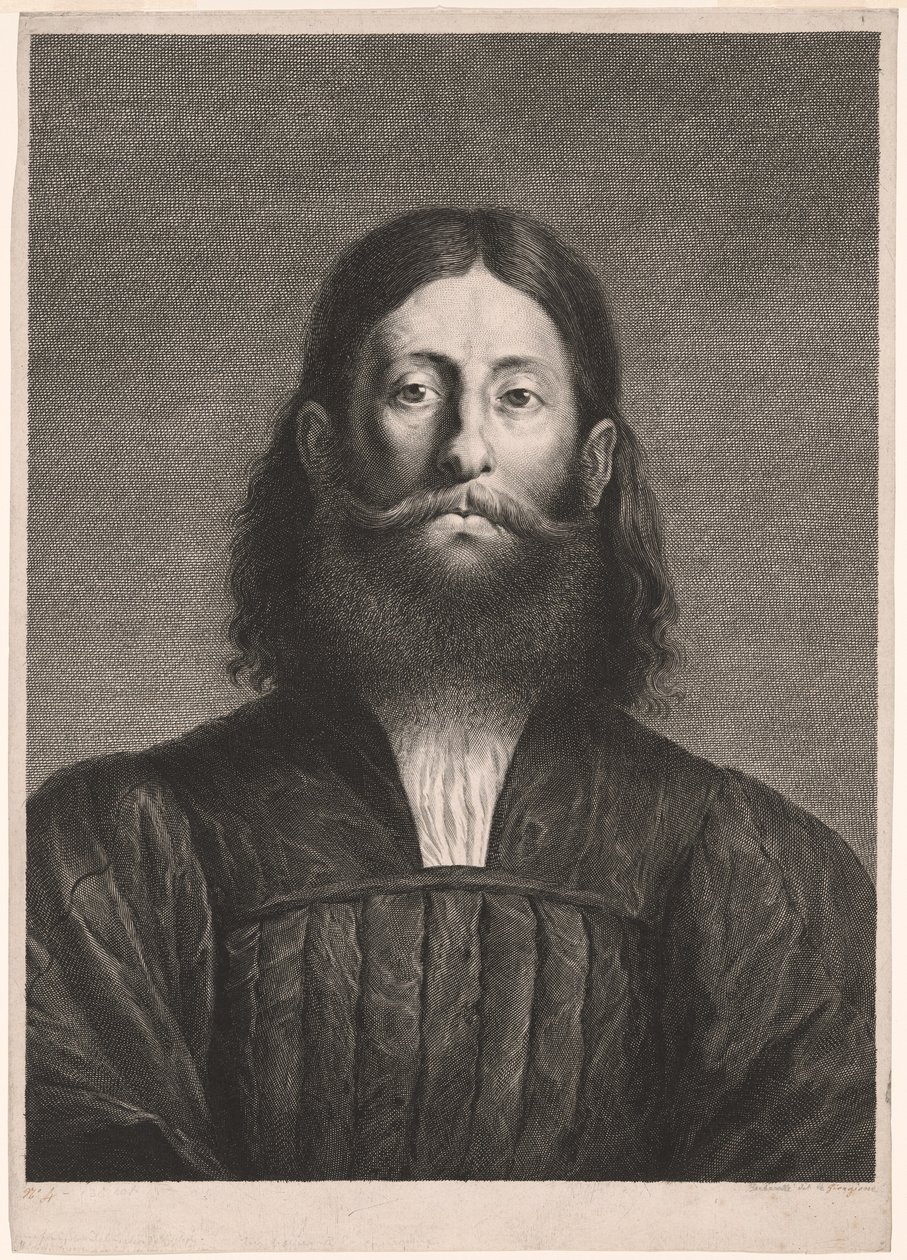 Portræt af en skægget mand (såkaldt portræt af Giorgione), fra Cabinet Reynst; Variarum imaginum a celeberrimis artificibus pictarum Caelaturae (Cabinet Reynst: Stik af forskellige billeder malet af berømte kunstnere) af Cornelis van Dalen II