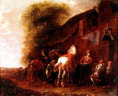 Ryttere uden for en landsbykro af Cornelis van Essen