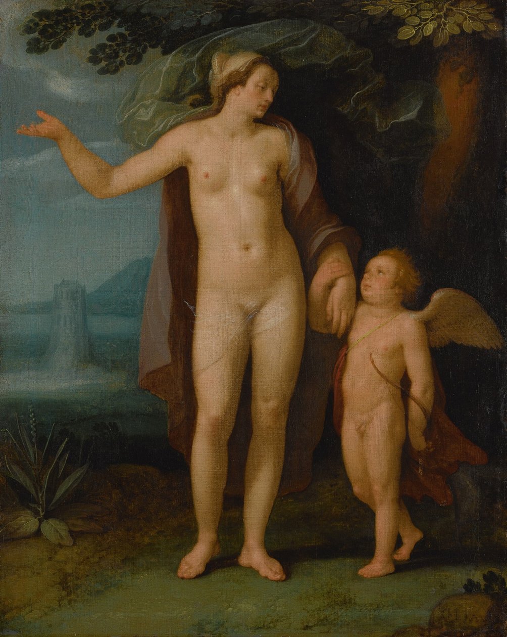 Hollandsk: Venus en Cupido Venus og Amor i et landskab af Cornelis van Haarlem