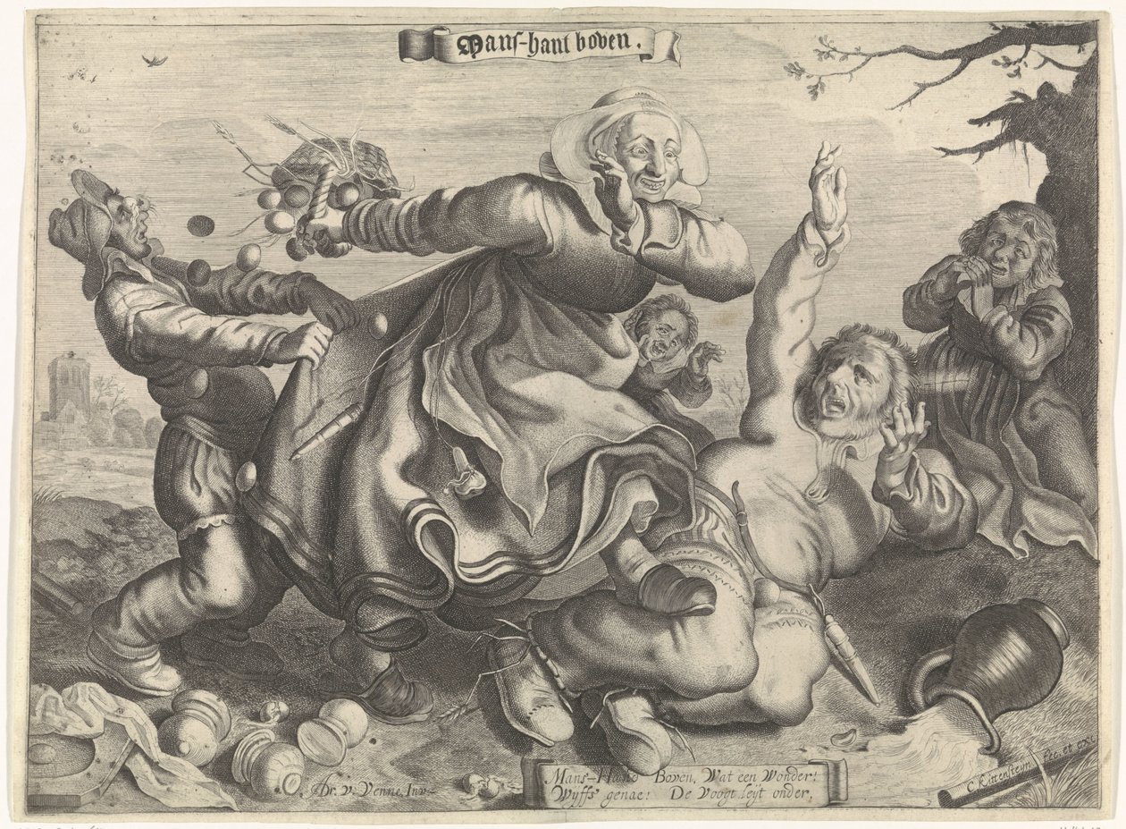 En kvinde, der tramper sin mand Mans-hant ovenfor (titel på objekt) af Cornelis van Kittensteyn