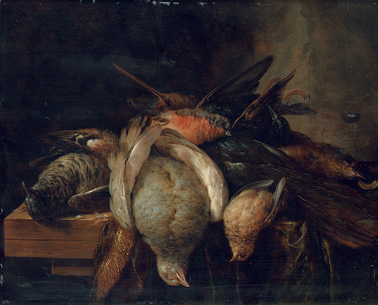 Døde fugle på en afsats, 1651 af Cornelis van Lelienbergh