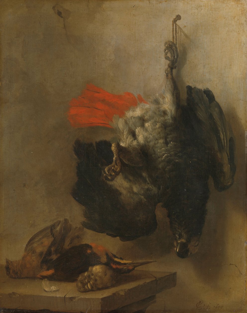 Stilleben med papegøje og snepper af Cornelis van Lelienbergh