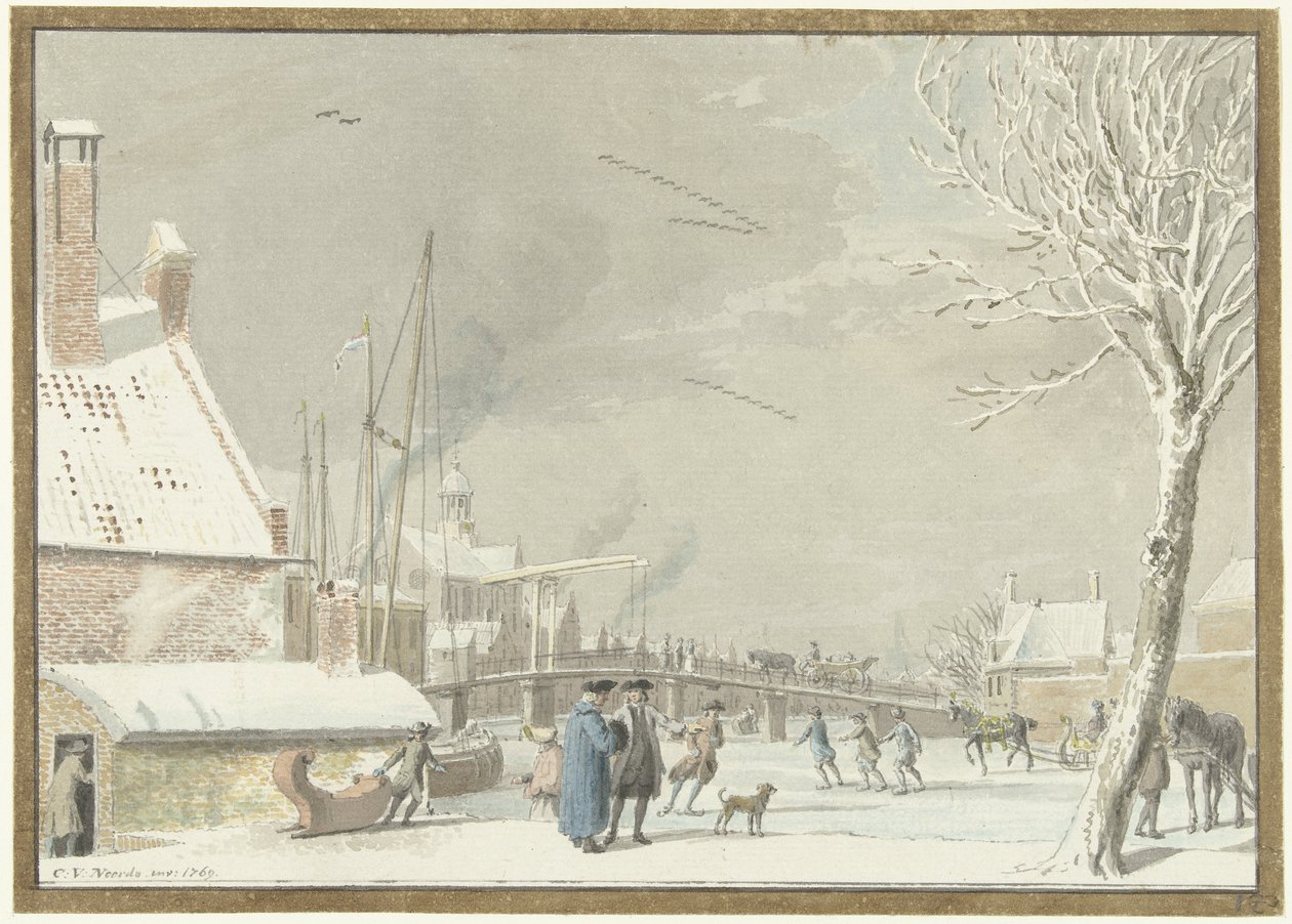 Frossen bykanal med skatere af Cornelis van Noorde