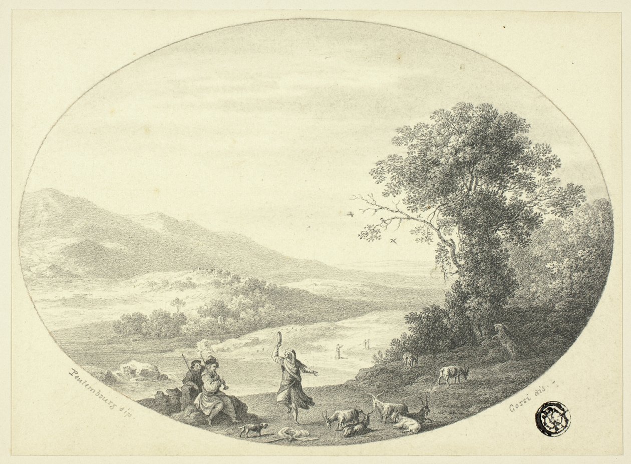 Italiensk landskab med danser, musikere og geder af Cornelis van Poelenburgh