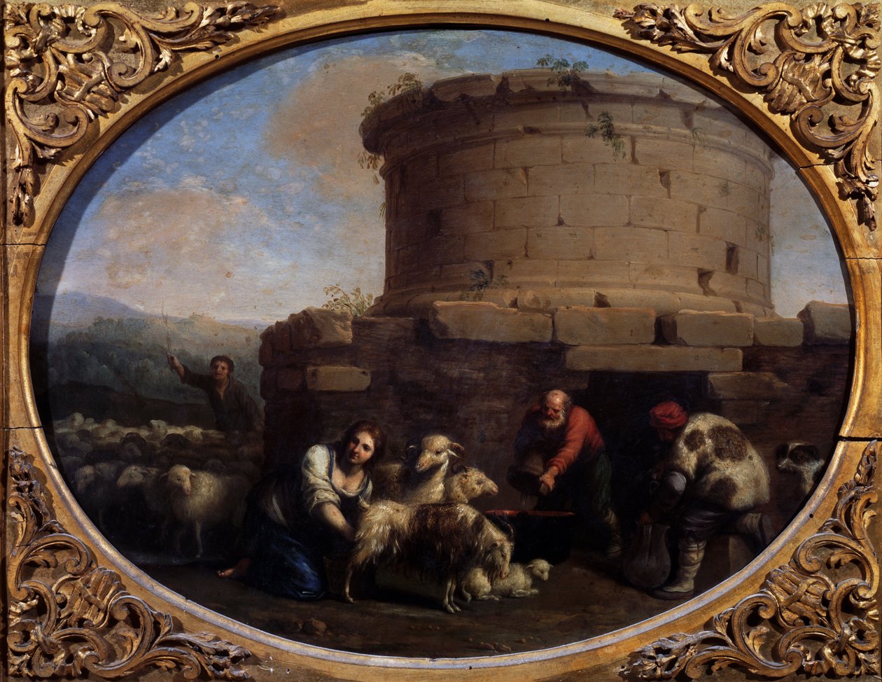 Hyrder, besætninger og bønder ved et springvand i Rom (olie på lærred) af Cornelis van Poelenburgh