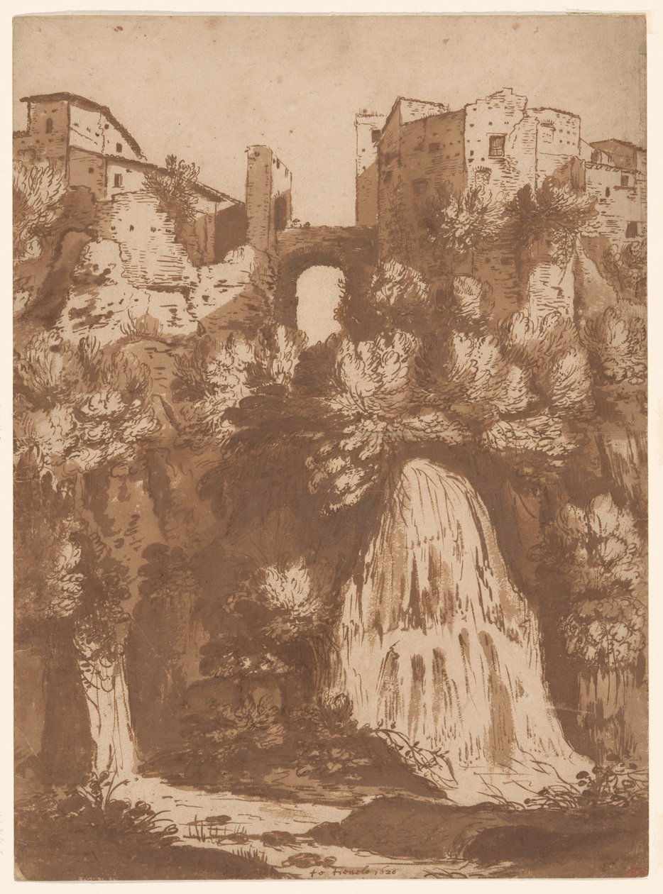 Udsigt over Tivoli med broen over anio -vandfaldet af Cornelis van Poelenburgh