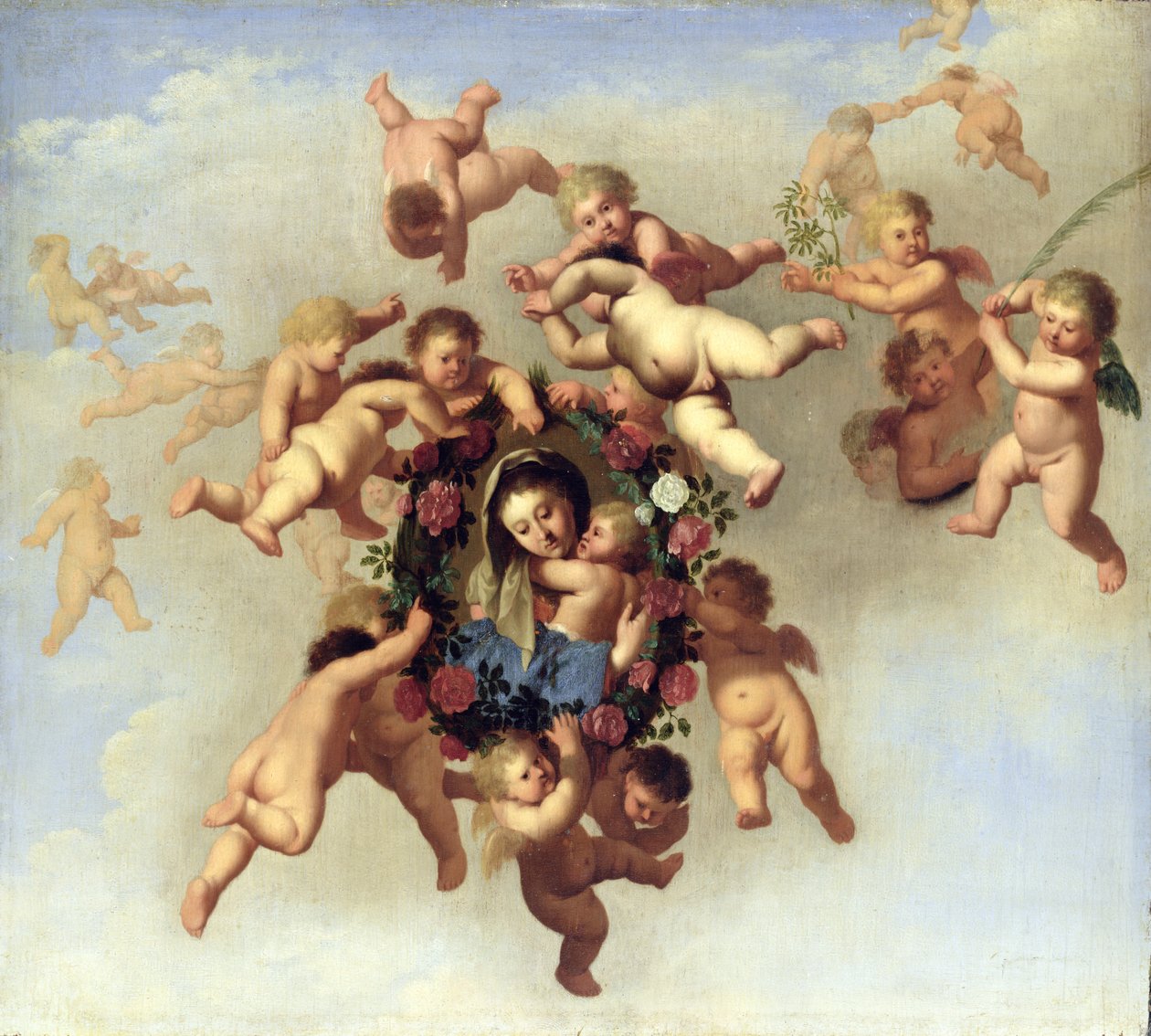Engle, der bærer et portræt af madonnaen til himlen af Cornelis van Poelenburgh or Poelenburch