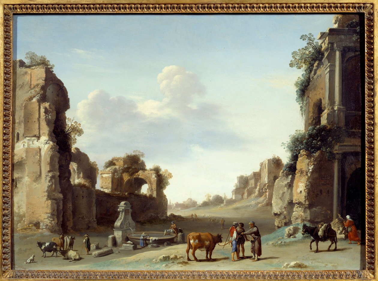 Fantastisk udsigt over Campo Vaccino i Rom med to æsler Maleri af Cornelis van Pelenburgh (1596-1667) af Cornelis van Poelenburgh or Poelenburch