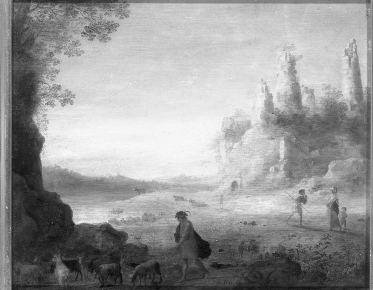 Italiensk landskab med Diana og Callisto med en gedehyrde nær en ruineret borg af Cornelis van Poelenburgh or Poelenburch