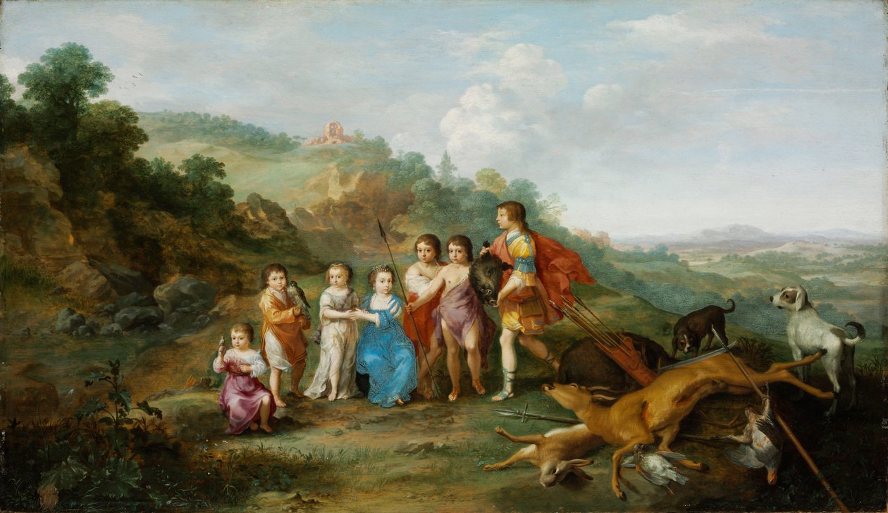 Vinterkongens syv børn - Maleri af Cornelis van Poelenburgh (1594 eller 1595-1667), olie på træ (37,9x65,3 cm) af Cornelis van Poelenburgh or Poelenburch