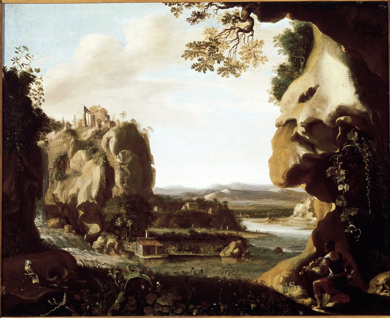 Orphee spiller violin ved indgangen til helvede (maleri af Cornelis van Poelenburgh or Poelenburch