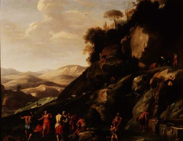 Bønder danser i et landskab af Cornelis van Poelenburgh or Poelenburch