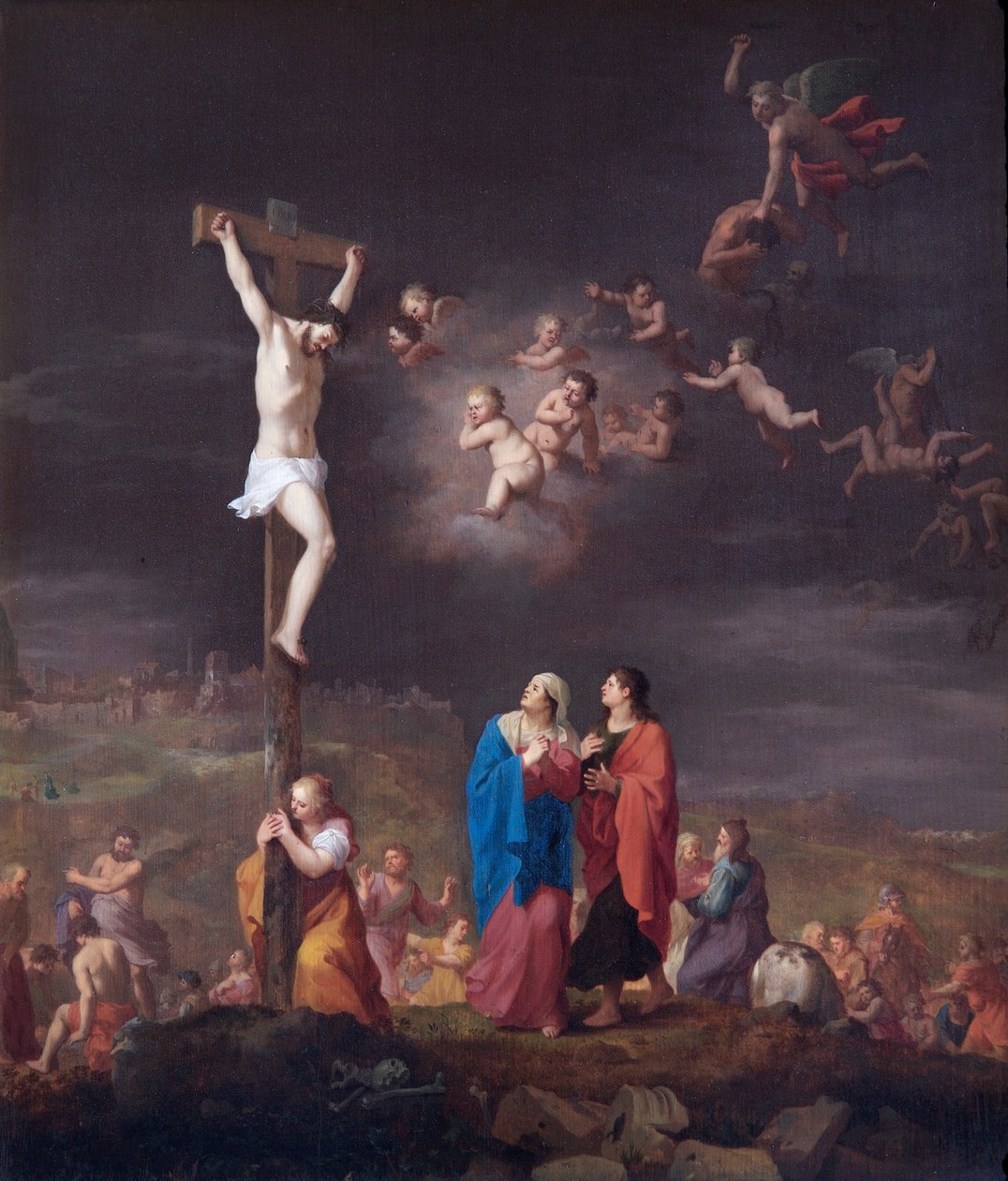 The Crucifixion, With The Fall Of The Rebel Angels (olie på egetræspanel) af Cornelis van Poelenburgh or Poelenburch