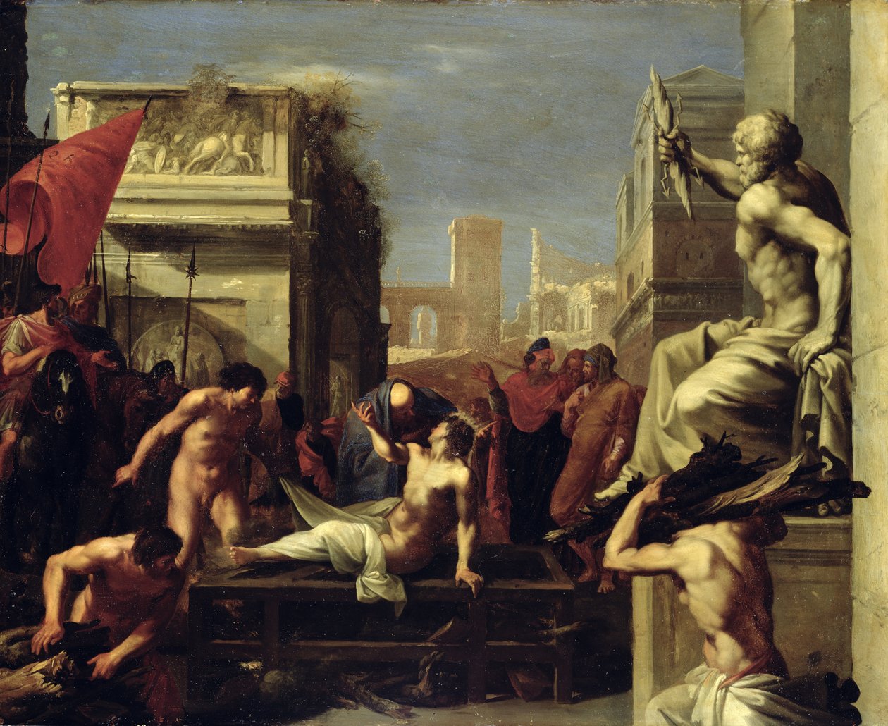 The Martyrdom of St. Lawrence, 1620-1 (olie på kobber) af Cornelis van Poelenburgh or Poelenburch
