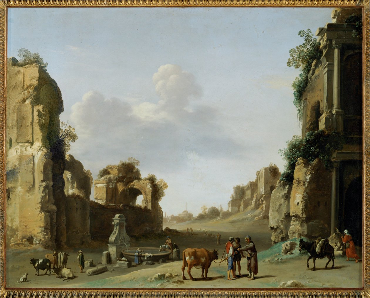 Udsigt over Campo Vaccino med et æsel ... af Cornelis van Poelenburgh or Poelenburch