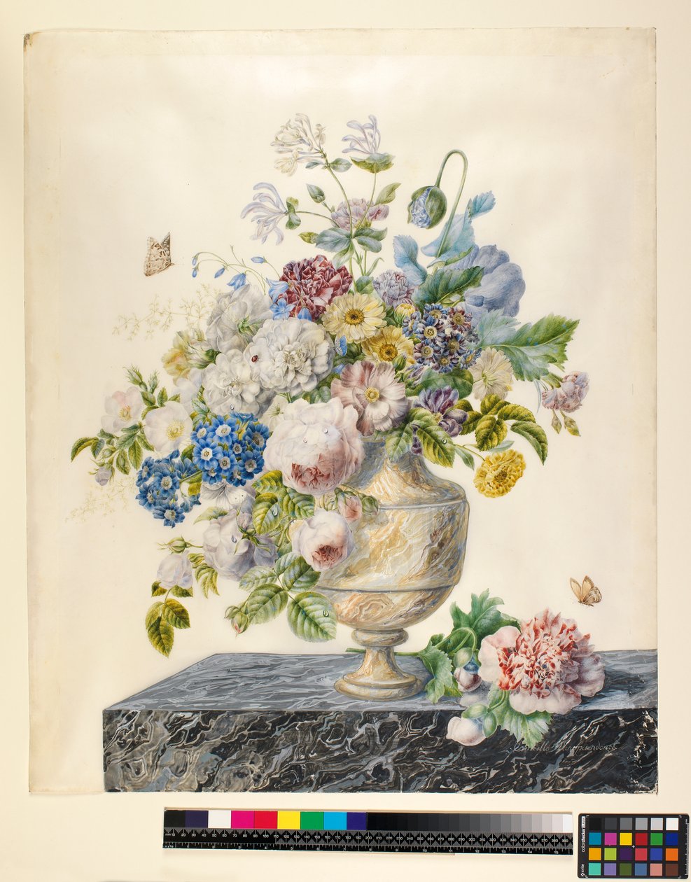 En marmorvase med blandede blomster på marmorhylde, ca. 1800 af Cornelis van Spaendonck