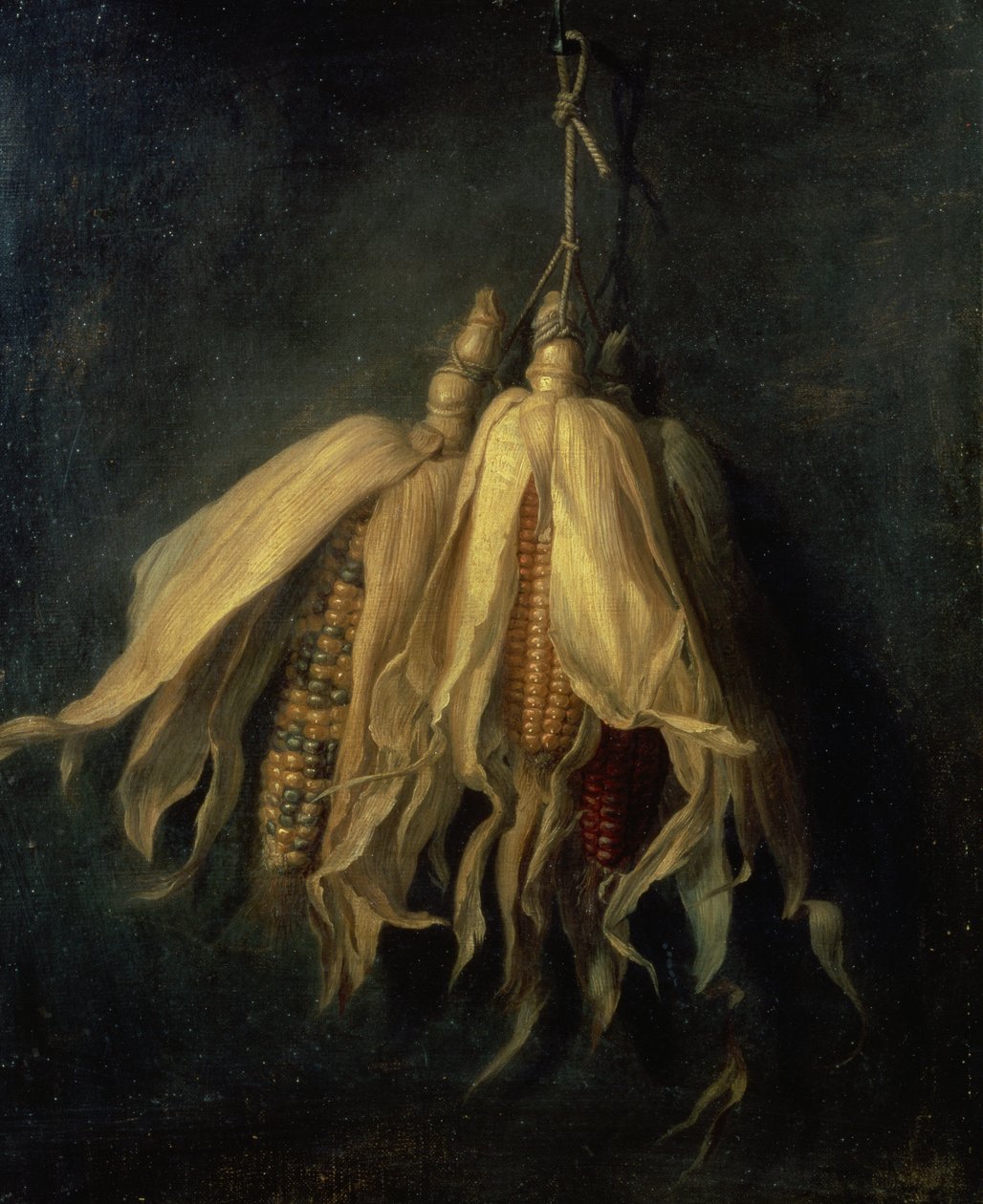 Tre majskolber hængende fra et søm (olie på lærred) af Cornelis van Spaendonck
