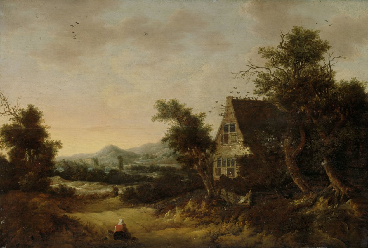 Bakket Landskab med Bondehytte af Cornelis van Zwieten