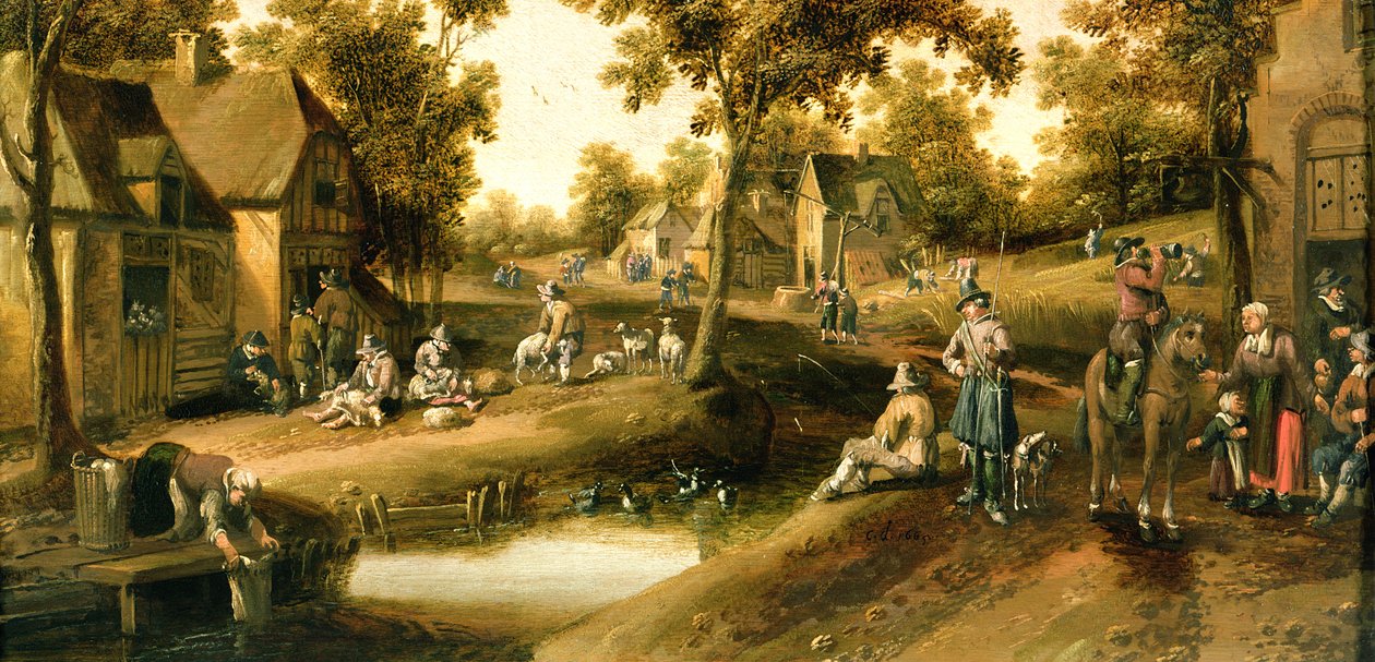 En landsbyscene med bønder på bredden af en å af Joost Cornelisz. Droochsloot