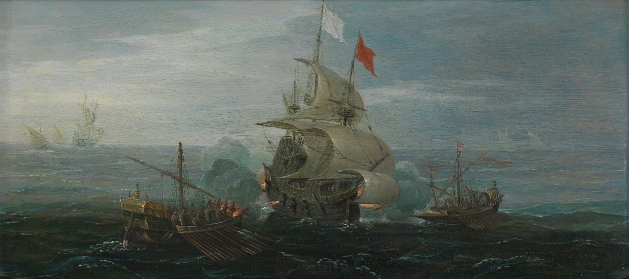 Et fransk skib og barbariske pirater, ca. 1615 (olie på egetræspanel) af Cornelius Bol