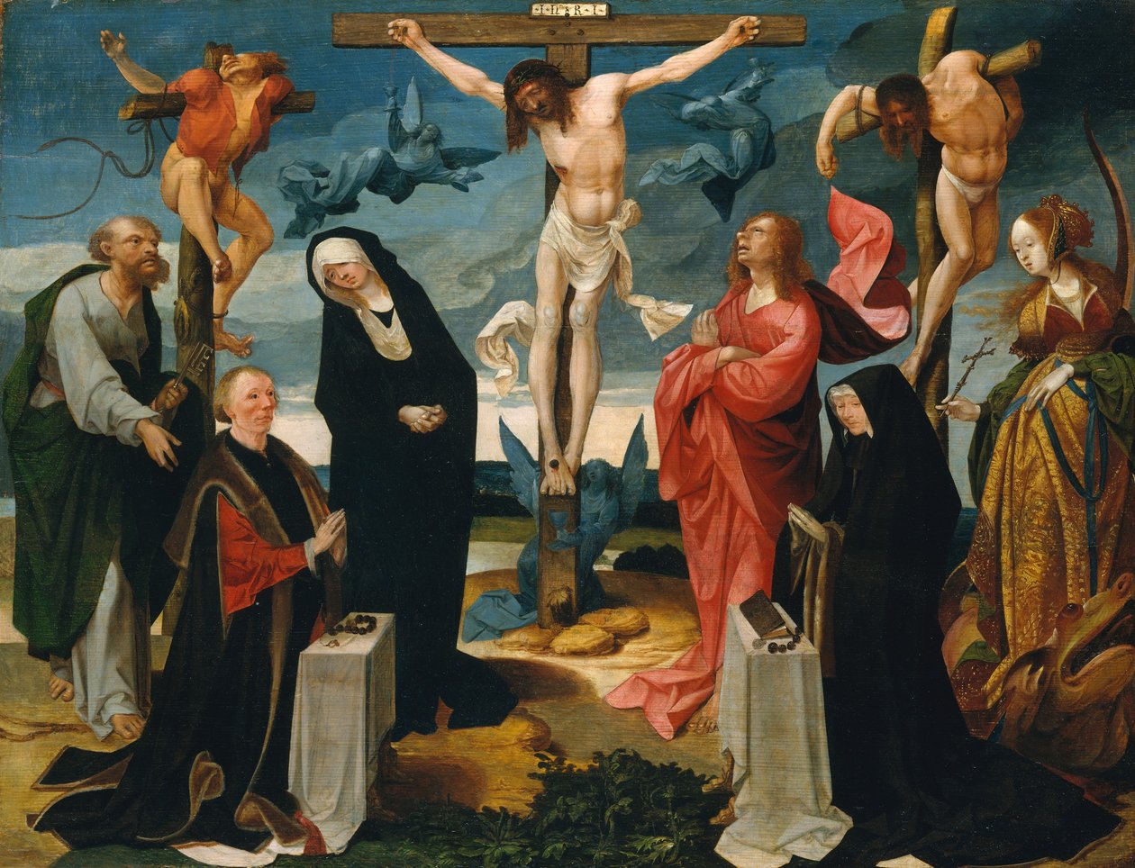 Korsfæstelsen med donorer og hellige Peter og Margaret, ca. 1525-27. af Cornelius Engebrechtsz