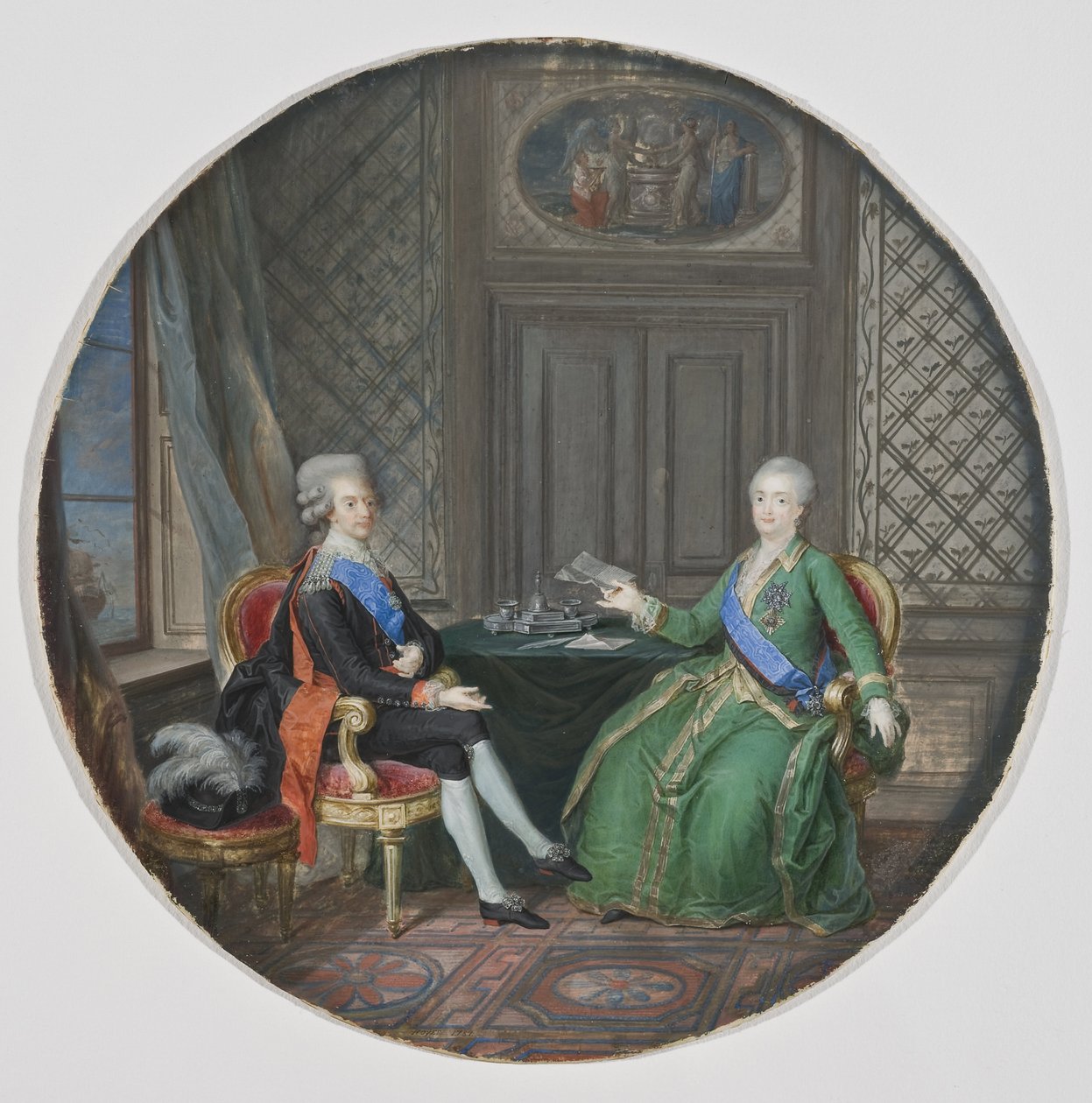 Gustave III de suède (1746-1792) et Catherine II de Russie (1729-1796) a Fredrikshamn (actuelle Hamina, Finlande) - Kong Gustav III af Sverige og Catherine II af Rusland i Fredrikshamn, af Hoyer, Cornelius (1741-1804) . Akvarel på pergament af Cornelius Hoyer