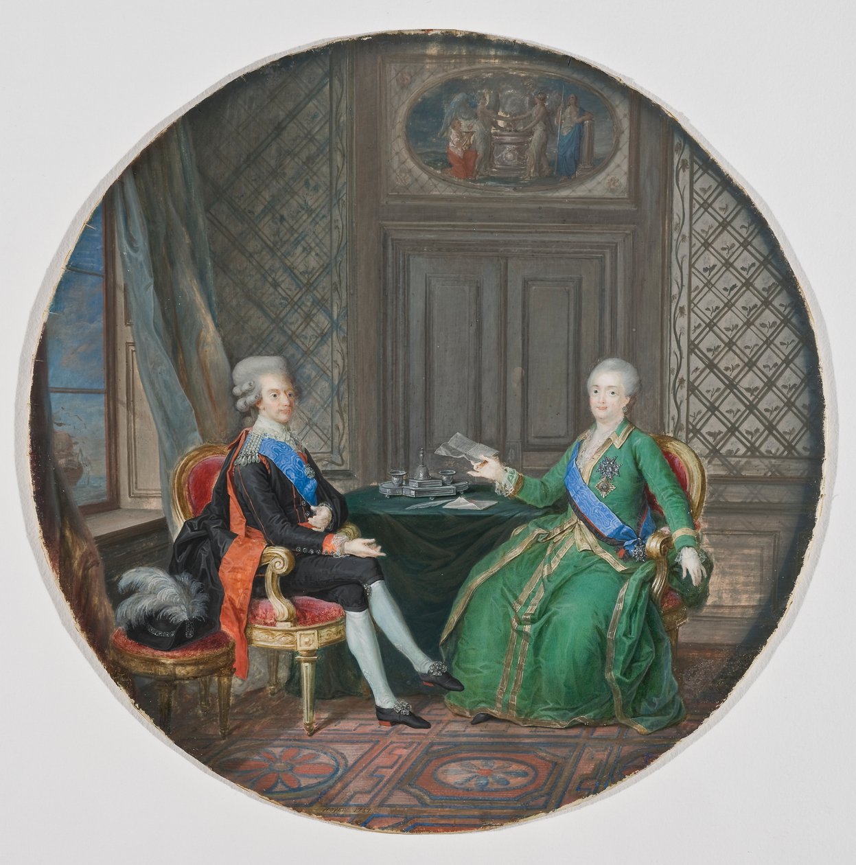 Kong Gustav III og Katarina II af Rusland i Fredrikshamn 1783 (akvarel på pergament) af Cornelius Hoyer