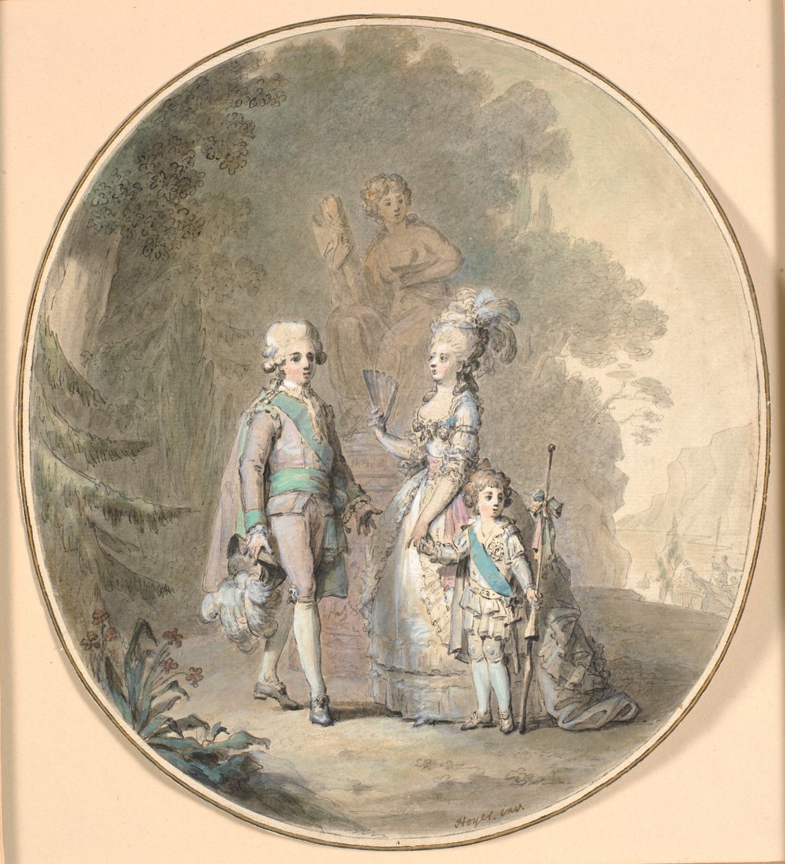 Gustav III, dronning Sophie Magdalene og kronprins Gustav Adolph spadserende i Hagaparken. af Cornelius Høyer
