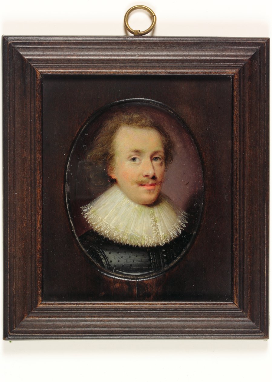 En herre, i sort figurdublet med nedfaldende blondekant (akvarel på vellum) af Cornelius I (attr.to) Johnson