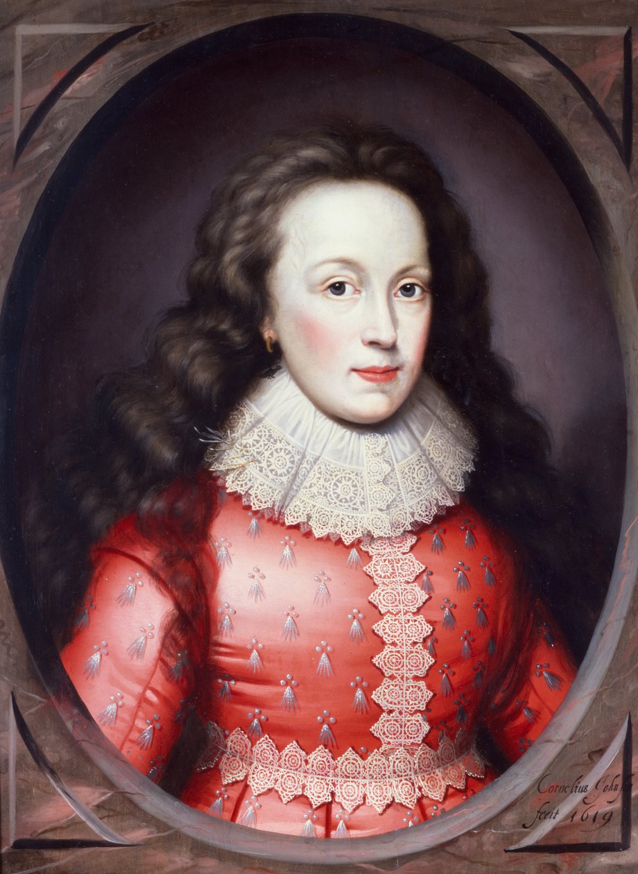 Grevinden af Arundel i en rød kjole (olie på panel) af Cornelius I Johnson