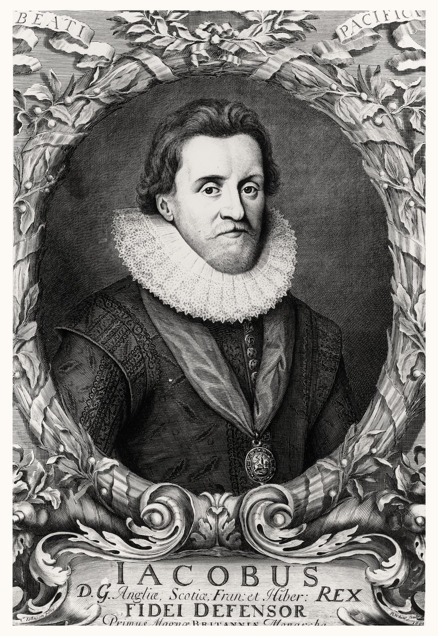 Portræt af James I, konge af Storbritannien, indgraveret af R.White, 1669 af Cornelius I after Johnson