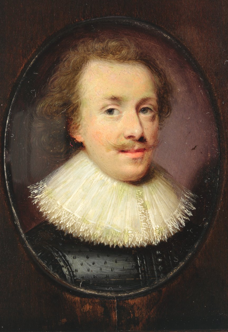 En herre, i sort, figursyet dublet med faldende blondekantet krave (wc på pergament) af Cornelius I attr.to Johnson