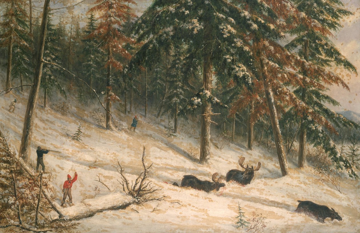 Jagt på elg (olie) af Cornelius Krieghoff