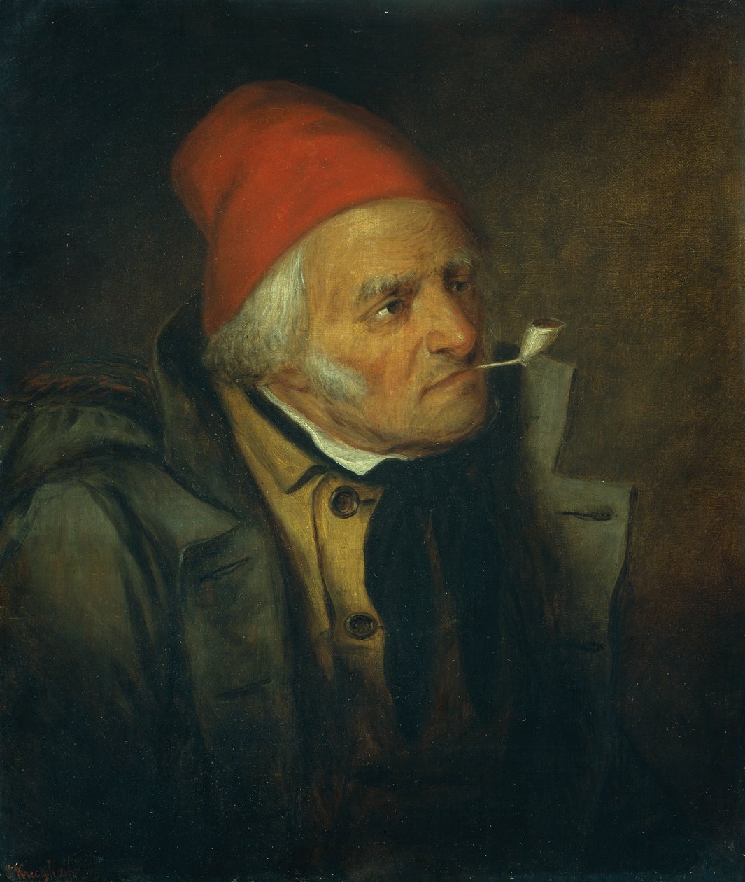 Mand med rød hat og rør (olie på lærred) af Cornelius Krieghoff